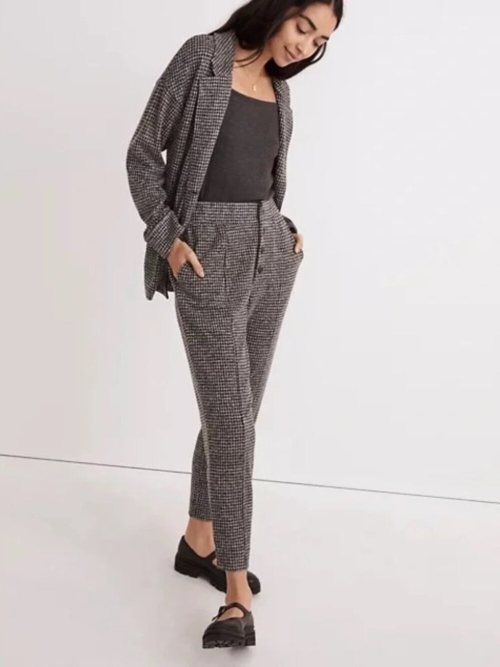 Madewell Knit Huston Button-Front Pants in Houndstooth Check